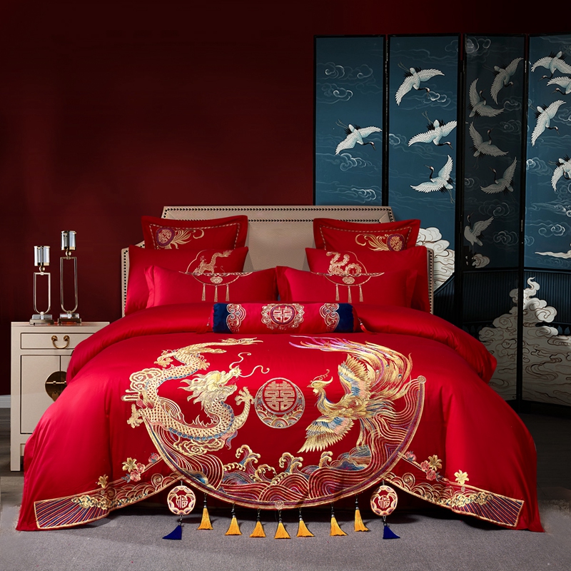 140支长绒棉高档婚庆四件套大红刺绣龙凤全棉喜被